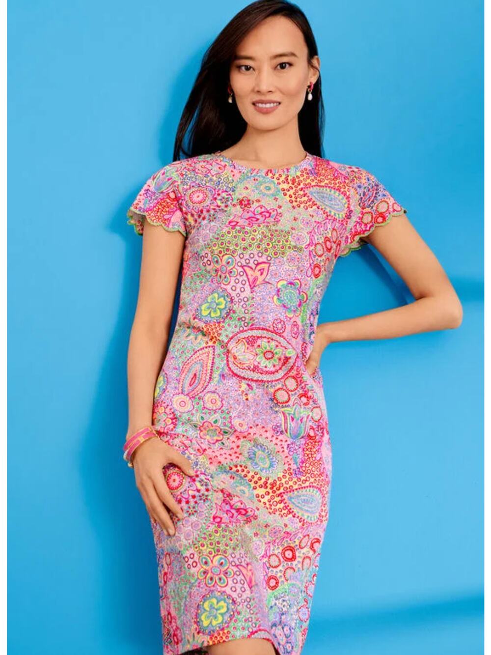 Talbots Womens M Petite Multicolor Paisley Boho Cotton Mini Shift Dress Casual